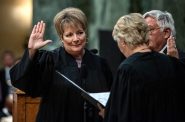 Wisconsin Supreme Court Justice-elect Janet Protasiewicz is sworn in by Justice Ann Walsh Bradley on Tuesday, Aug. 1, 2023, at the Wisconsin State Capitol in Madison, Wis. Angela Major/WPR