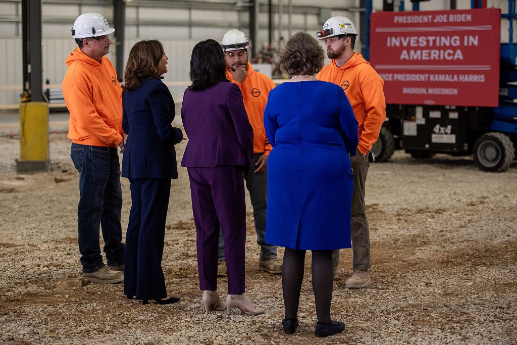 Vice President Kamala Harris speaks to apprentices Wednesday, March 6, 2024, during a visit to Madison, Wis. (Angela Major/WPR)