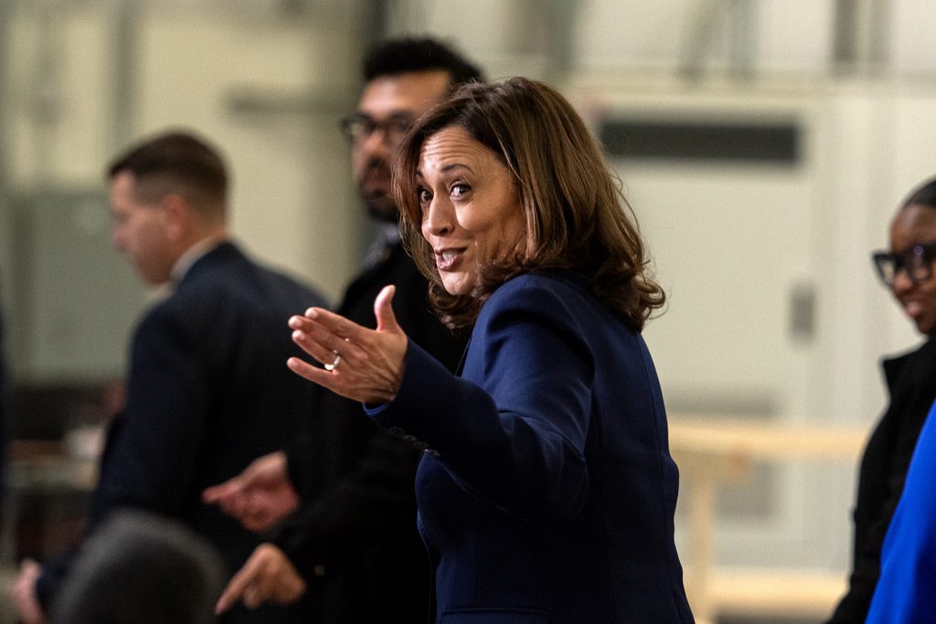 Vice President Kamala Harris turns back to answer a reporter’s question as she exits Wednesday, March 6, 2024, during a visit to Madison, Wis. (Angela Major/WPR)