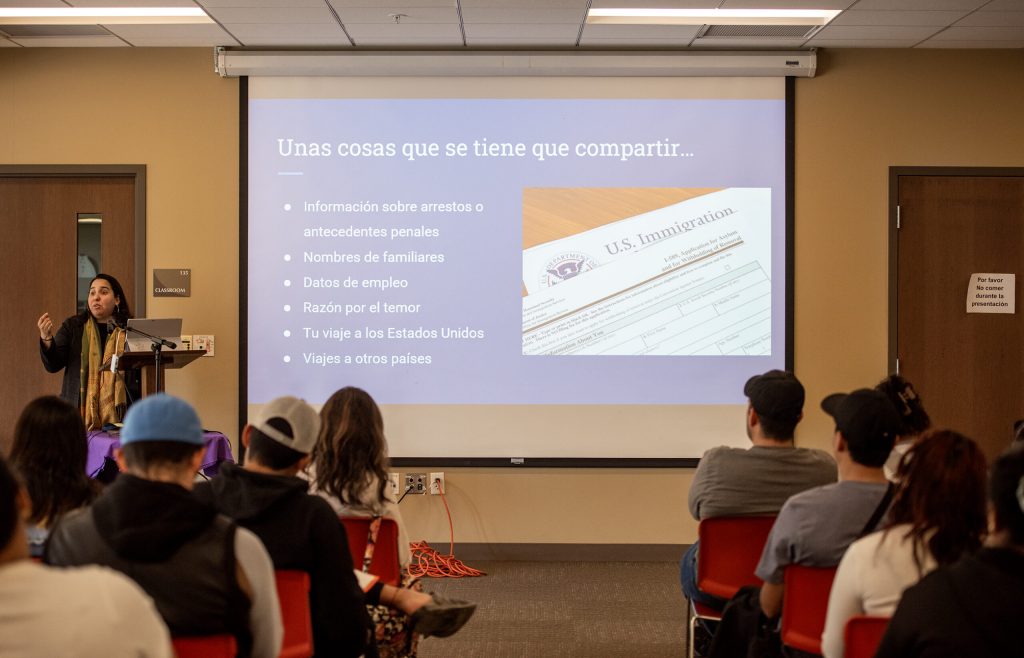 Attorney Aissa Olivarez of the Community Immigration Law Center leads a seminar with information for new immigrants and asylum seekers on Monday, March 11, 2024, in Madison, Wis. Angela Major/WPR