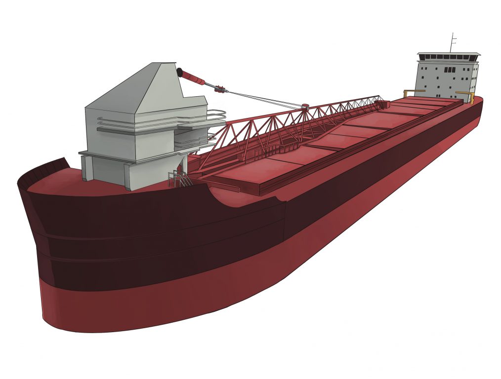 A self-unloading dry bulk carrier like those in the Canadian Algoma Central Corporation fleet contains a boom that unladens tens of thousands of tons of salt from the vessel’s hold. Ships like this one routinely voyage from Canadian ports on the Great Lakes, including Goderich, Ontario, carrying salt to Milwaukee. Illustration by Sydney Hoffman.