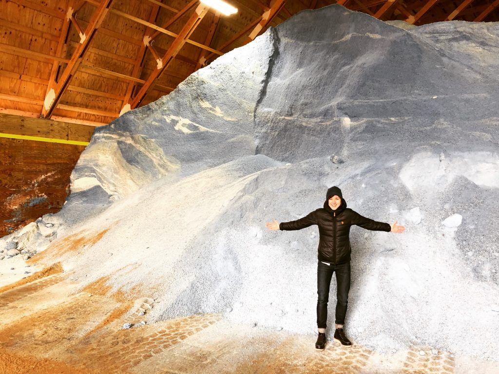 Dr. Hilary Dugan, a scientist at the University of Wisconsin Center for Limnology at Madison, stands by a salt pile in the Jefferson County Salt Barn in February 2019. Photo courtesy Wisconsin Salt Wise.