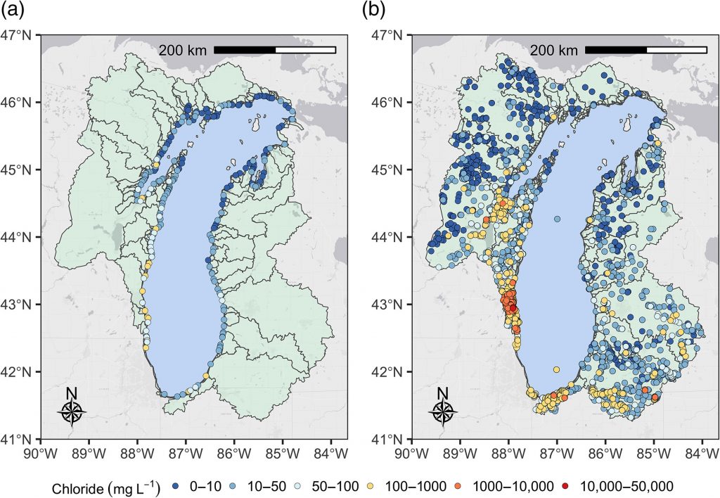 The maps above include tributary chloride concentration data from the 2021 Limnology and Oceanography Letters paper, “Tributary chloride loading into Lake Michigan” whose lead author was Dr. Hilary Dugan. The left map shows values measured for one week in July 2018. The right map show values from many years and sources. The highest concentrations of chloride are clustered in the Milwaukee-area tributaries to Lake Michigan with other urban watersheds also contributing more chloride than less urban ones. Reproduced with the author’s permission.