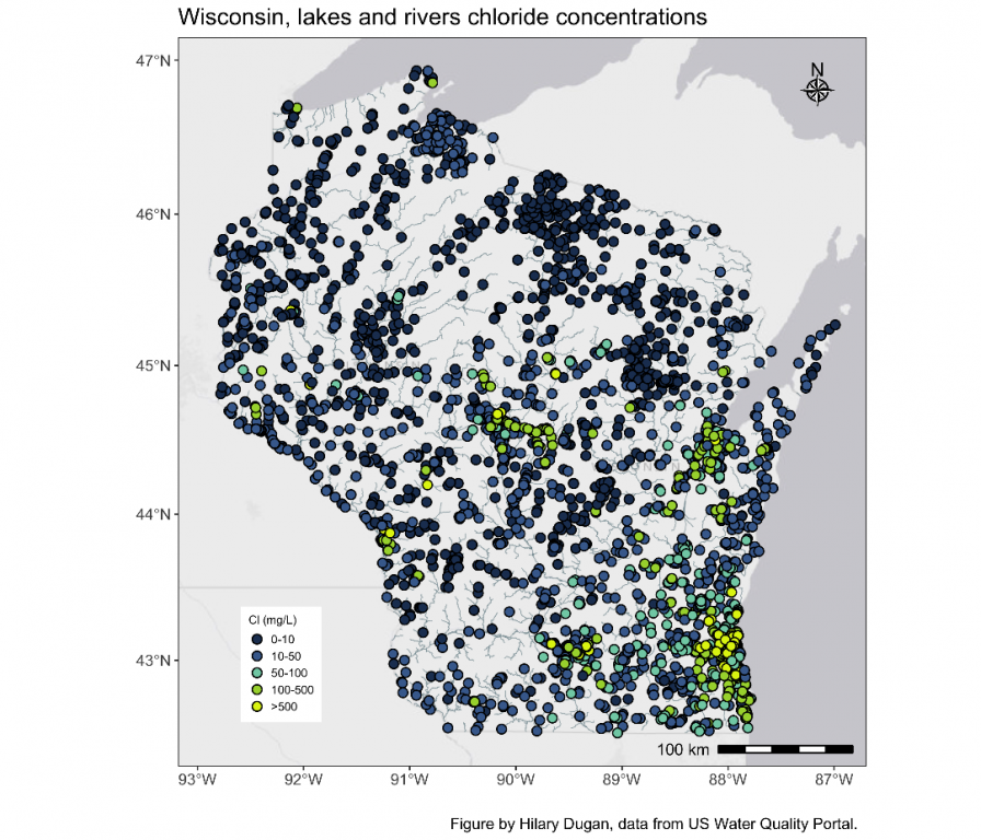 Mean chloride concentrations in Wisconsin lakes and rivers. Figure by Hilary Dugan, data from US Water Quality Portal. Courtesy of Wisconsin Salt Wise.