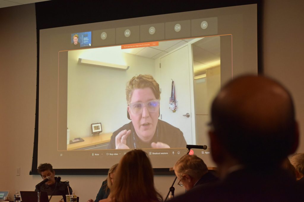 Amanda Ballantyne, executive director of the AFL-CIO Technology Institute, speaks to the Governor’s Task Force on Workforce and Artificial Intelligence on Monday, March 4, 2024. Joe Schulz/WPR