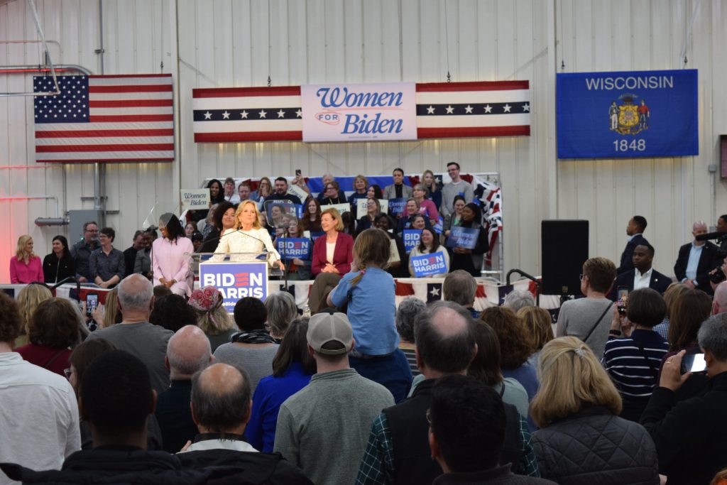 First Lady Jill Biden speaks to supporters during her “Women For Biden-Harris” tour in Waukesha, WI on Sunday, March 3, 2024. Evan Casey/WPR