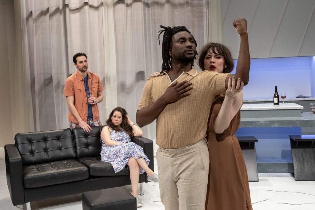 Nick Narcisi, Emily Vitrano, Jonathan Bangs and Cara Johnston in Renaissance Theaterworks’ production of L”APPARTEMENT by Joanna Murray-Smith. Photo by Nathaniel Schardin, Traveling Lemur Productions.