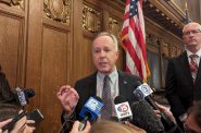 Assembly Speaker Robin Vos (R-Rochester) speaks to reporters following Gov. Tony Evers’ State of the State address in January. On Wednesday, the Wisconsin Elections Commission began its review of signatures filed by organizers of a campaign to recall Vos from his Assembly seat. (Baylor Spears | Wisconsin Examiner)