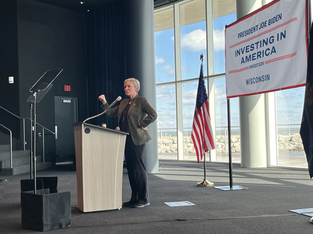 Secretary Jennifer Granholm delivers a speech at Discovery World. Photo taken March 27, 2024 by Sophie Bolich.
