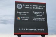 Sign for the State of Wisconsin Office Building on Madison’s South Side. The building houses the Department of Revenue, the Department of Children and Families, and the Department of Veterans Affairs. (Wisconsin Examiner photo)