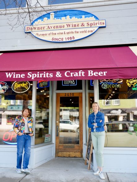 Calaway (left) and Zimmerman at Downer Wine & Spirits. Photo by Sue Borges Vliet