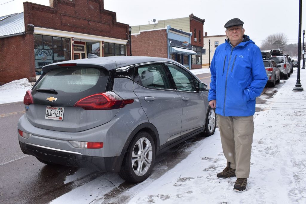 George Bussey, who lives south of Ashland, bought a 2021 Chevy Bolt with his wife two years ago. He’s among few people in northern Wisconsin who own electric vehicles. Danielle Kaeding/WPR