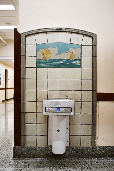 The original tiles at a bubbler station at Washington High, the first school to install such features in the Milwaukee area. Photo by Ben Tyjeski.