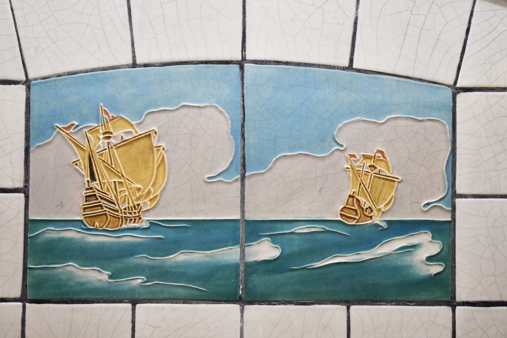 Detail of tall ships on tiles created by the Rookwood Pottery Co. in Cincinnati, Ohio. Photo by Ben Tyjeski.