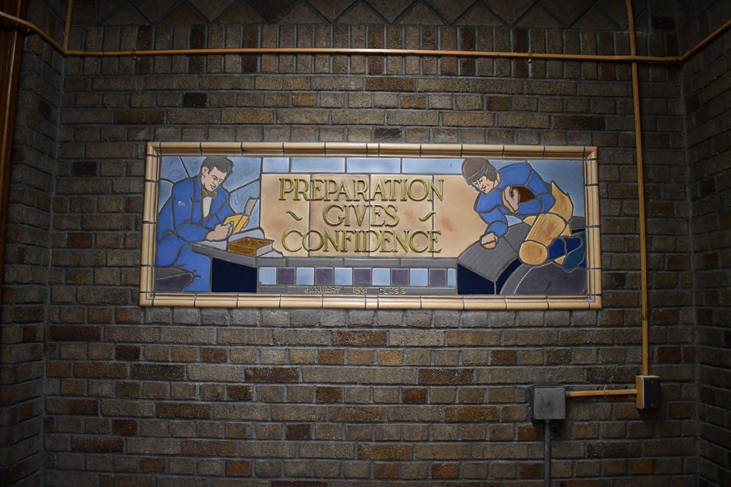One of two custom panels created for Washington High in 1931, manufactured by the local Continental Faience & Tile Co. Photo by Ben Tyjeski.
