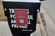 A ballot drop box in Madison, Wisconsin, that has been put out of commission. The city posted a sign explaining why it can no longer be used after a Wisconsin Supreme Court decision banned most absentee ballot drop boxes. (Wisconsin Examiner photo)