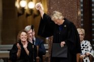 Wisconsin Supreme Court Justice Ann Walsh Bradley gives a thumbs up before giving remarks at Justice-elect Janet Protasiewicz’s investiture Tuesday, Aug. 1, 2023, at the Wisconsin State Capitol in Madison, Wis. Angela Major/WPR