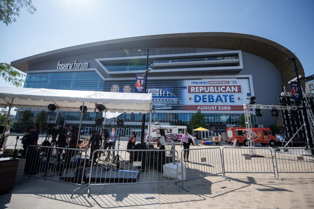 Reporters are set up outside of the Fiserv Forum before the Republican presidential primary debate Wednesday, Aug. 23, 2023, in Milwaukee, Wis. Angela Major/WPR