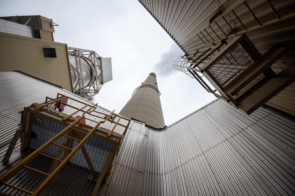 A chimney is seen from below Tuesday, Jan. 30, 2024, at the Edgewater Generating Station in Sheboygan, Wis. Angela Major/WPR