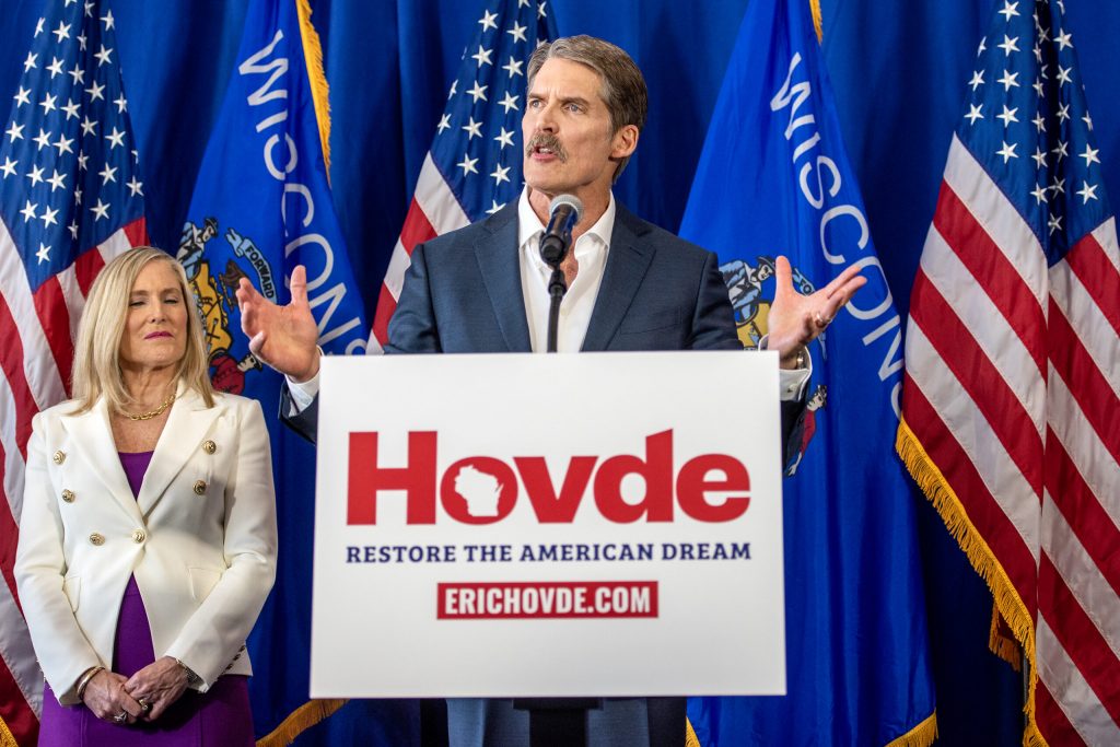 Republican Eric Hovde announces his campaign for U.S. Senate on Tuesday, Feb. 20, 2024, in Madison, Wis. Angela Major/WPR