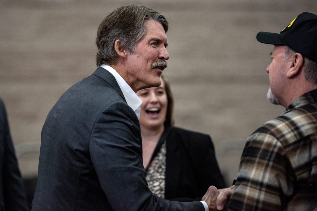 Senate candidate Eric Hovde shakes hands with a supporter at a rally for former president Donald Trump on Tuesday, April 2, 2024, at Hyatt Regency in Green Bay, Wis. Angela Major/WPR