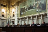 The seven members of the Wisconsin Supreme Court hear oral arguments. (Henry Redman | Wisconsin Examiner)