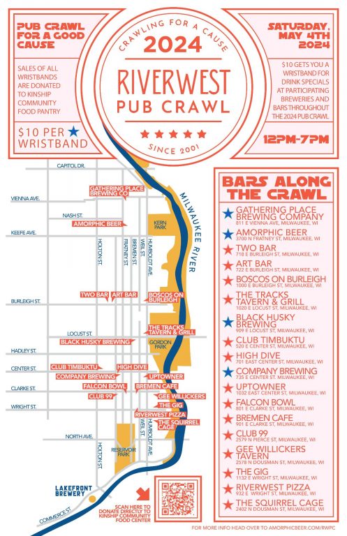 2024 Riverwest Pub Crawl Map. Map courtesy of the Riverwest Brewing Syndicate.