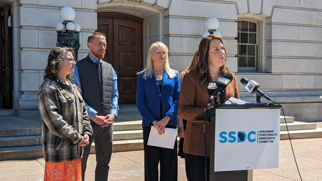 Senate Minority Leader Dianne Hesselbein chastised Republican lawmakers for inadequately funding the UW during a Thursday press conference held outside the state Capitol. (Baylor Spears | Wisconsin Examiner)