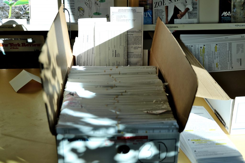A box of absentee ballots at the Lakeview Library on Madison’s north side on Nov. 3, 2020. Steven Potter/WPR