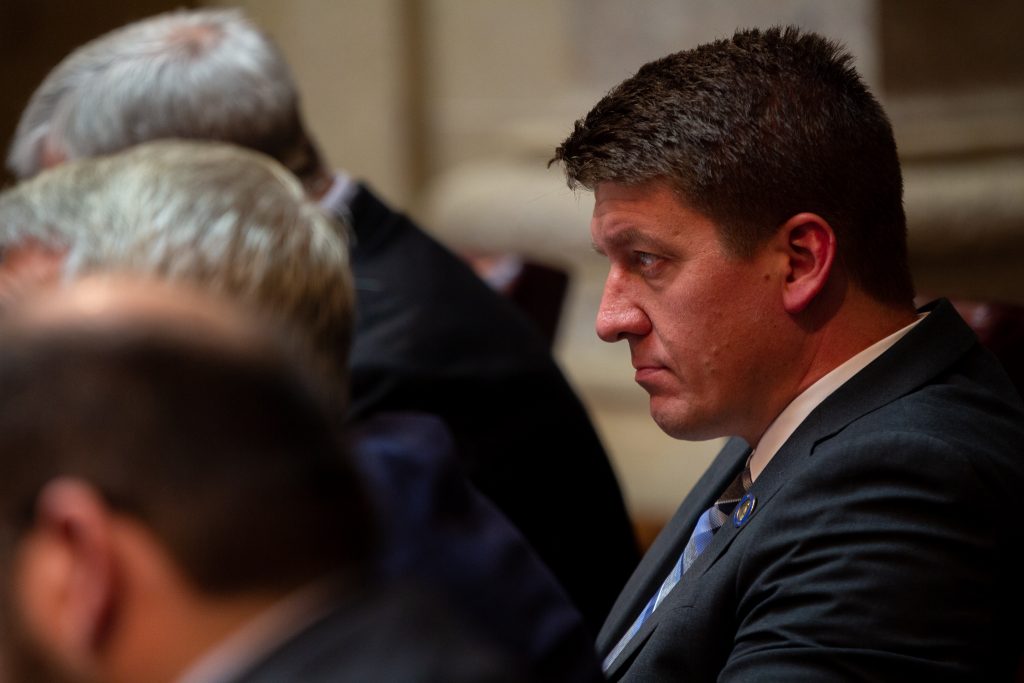 Wisconsin state Sen. Eric Wimberger, R-Green Bay, is photographed during a state Senate session on June 28, 2023, in the Wisconsin State Capitol building in Madison, Wis. Drake White-Bergey/Wisconsin Watch