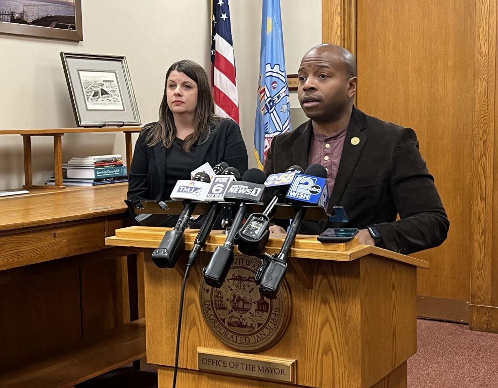 Mayor Cavalier Johnson speaks at a November 2022 press conference while Claire Woodall looks on. Photo by Jeramey Jannene.