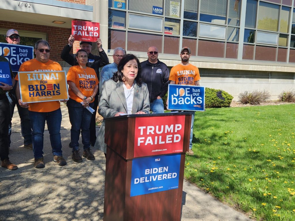 Former U.S. Labor Secretary Hilda Solis speaks at a Biden Campaign press conference in Madison Tuesday morning. (Wisconsin Examiner photo)