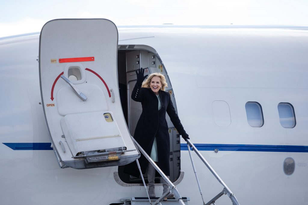 First Lady Jill Biden waves as she arrives Friday, Feb. 16, 2024, in Green Bay, Wis. (Angela Major/WPR)