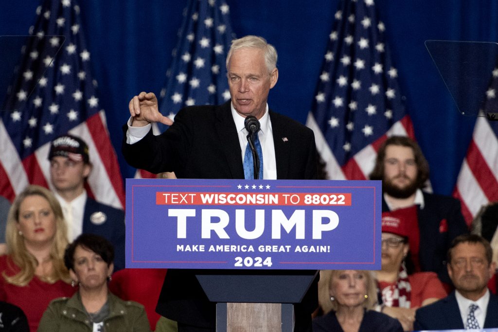 Sen. Ron Johnson speaks at a rally for former President Donald Trump Tuesday, April 2, 2024, at Hyatt Regency in Green Bay, Wis. Angela Major/WPR