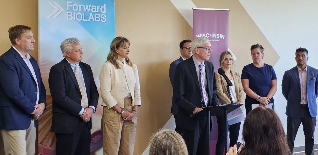 Gov. Tony Evers, WEDC Secretary Missy Hughes, and private partners launch the Wisconsin Investment Fund in Madison on May 29, 2024. Photo by Robert D’Andrea, WPR.