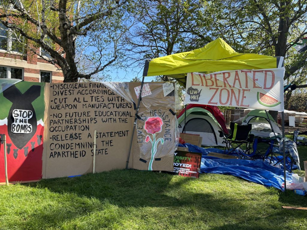 The pro-Palestinian encampment on the UW-Milwaukee on May 1, 2024. The encampment came down after a deal struck with the university on May 12. Margaret Faust/WPR