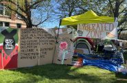 The pro-Palestinian encampment on the UW-Milwaukee on May 1, 2024.  The encampment came down after a deal struck with the university on May 12. Margaret Faust/WPR