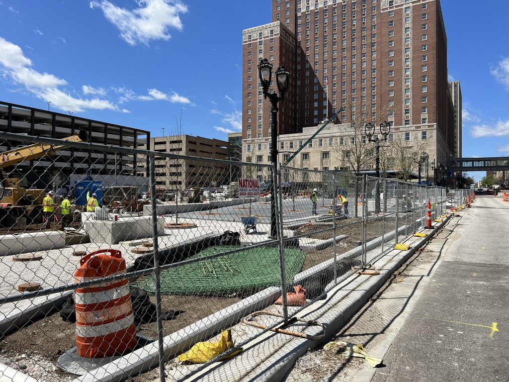 Construction of Vel R. Phillips Plaza on April 30. Photo by Jeramey Jannene.