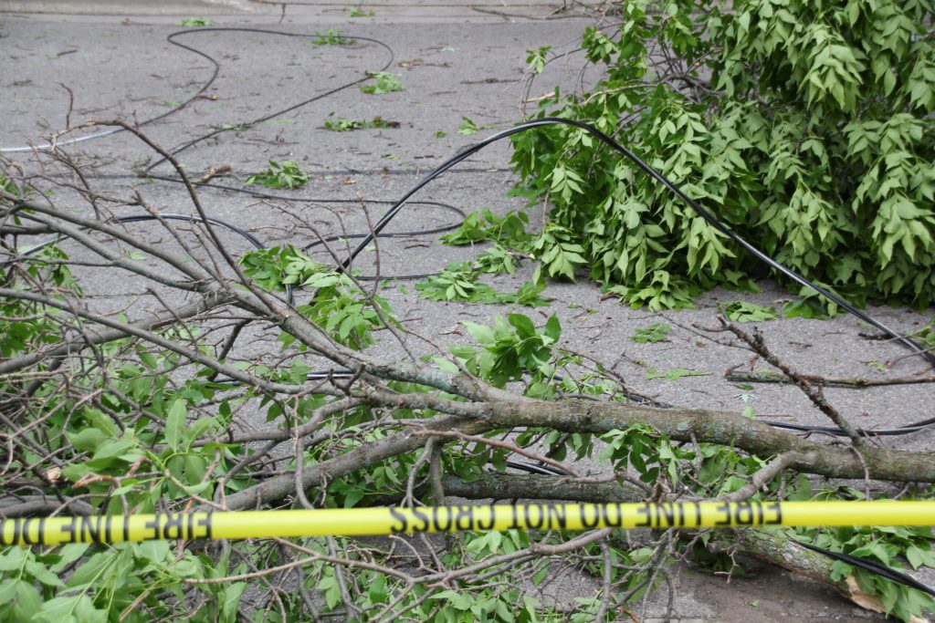Police tape surrounds a downed power line in Madison following severe storms that ripped through the area Tuesday night. Shawn Johnson/WPR