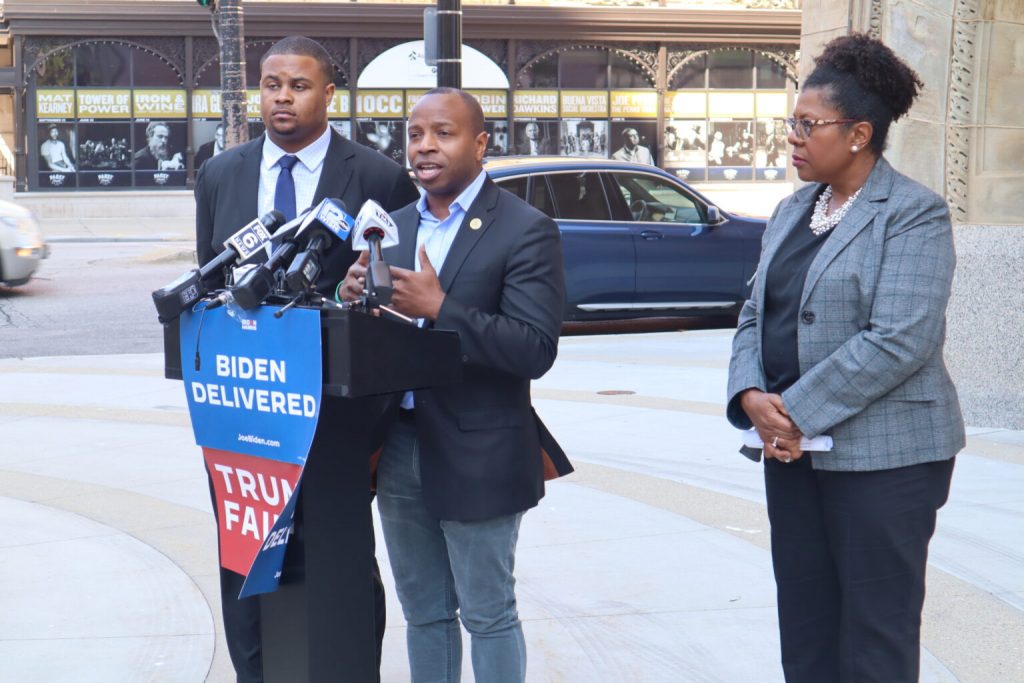 Mayor Cavalier Johnson joined by Sen. LaTonya Johnson (D-Milwaukee) and Rep. Kalan Haywood (D-Milwaukee). (Photo | Isiah Holmes)