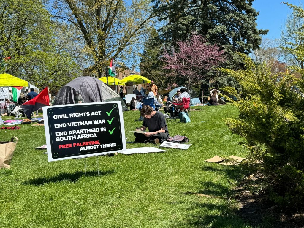 UW-Milwaukee students, staff and faculty protest in an encampment for a second day in support of Palestinian statehood on April 30, 2024. Evan Casey/WPR
