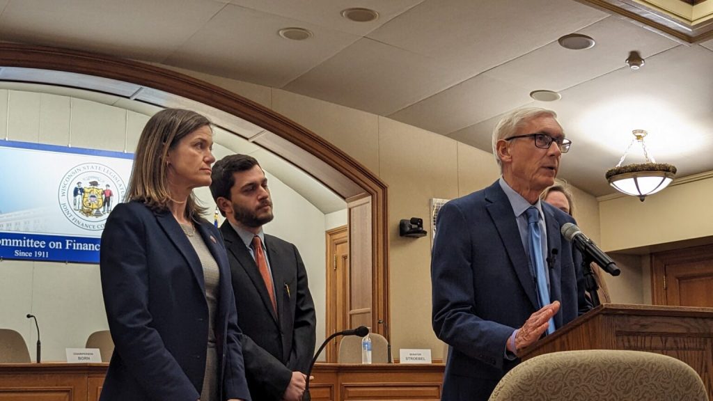 Gov. Tony Evers' administration requested that the state budget committee release $25 million for child care and tourism at a time when recent requests have been stalled by lawmakers. Evers criticized Republicans for withholding funds for PFAS and hospitals on April 16, 2024. (Baylor Spears | Wisconsin Examiner)