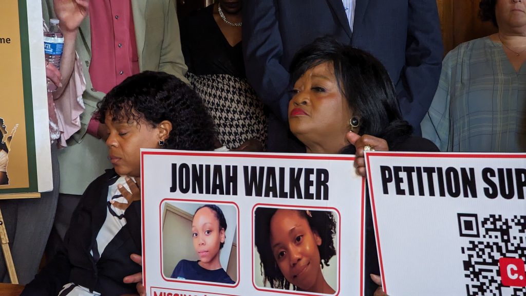 Tanesha Howard (left), the mother of Joniah Walker, after speaking at the press conference. (Baylor Spears | Wisconsin Examiner)