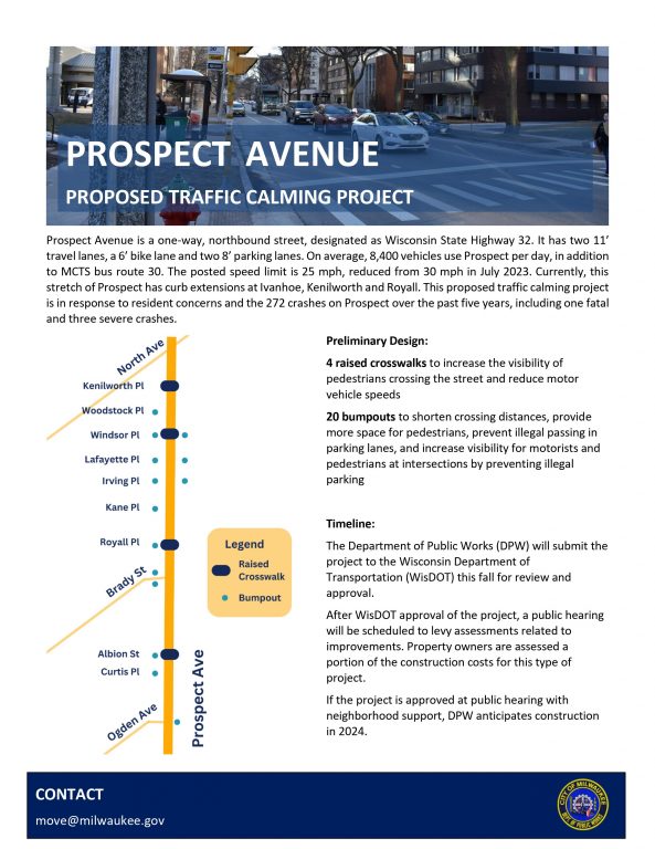 Prospect Avenue traffic calming flyer from the Department of Public Works.