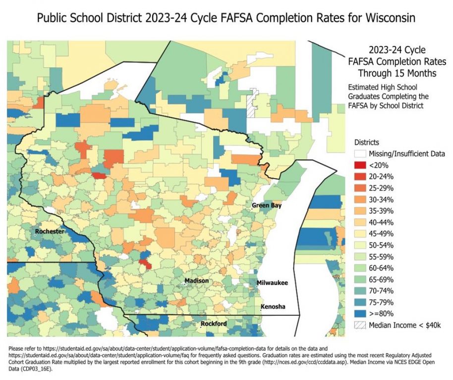 FAFSA completion rates for public school district in Wisconsin for the 2023-24 school year show some districts had completion rates of more than 90 percent. Graph courtesy of The U.S. Department of Education.