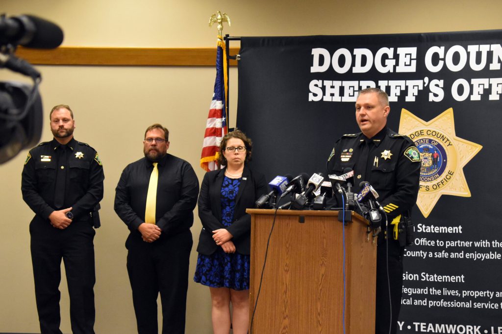 Dodge County Sheriff Dale Schmidt, right, speaks at a press conference about his department’s investigation into Waupun Correctional Institution. Charges were filed Wednesday, June 5, 2024. (Joe Schulz/WPR)