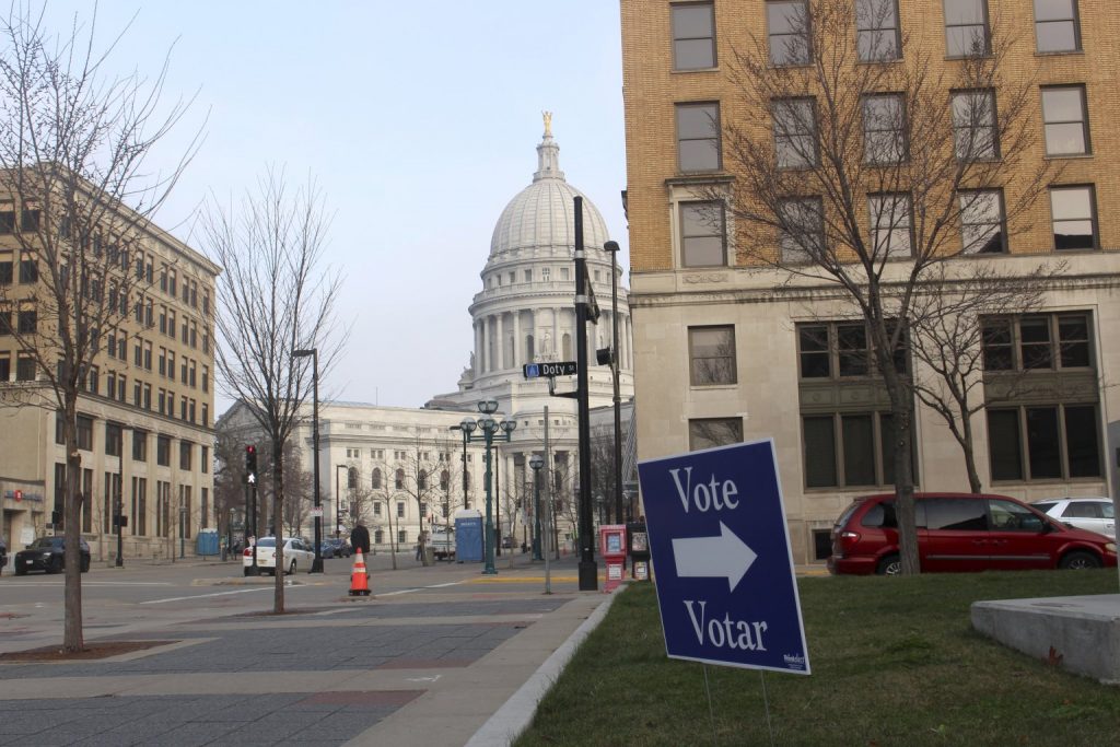 The Wisconsin Capitol on spring election day, April 7, 2020. (Henry Redman | Wisconsin Examiner)