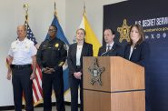 Secret Service director Kimberly Cheatle (right) hosts a press conference. Joined by (L-R) Fire Chief Aaron Lipski, Police Chief Jeffrey Norman, Secret Service agent Audrey Gibson-Cicchino and FBI agent Michael Hensle. Photo by Jeramey Jannene.