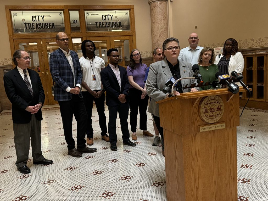 HUD Principal Deputy Assistant Secretary for Community Planning and Development Marion McFadden speaks at a press conference at Milwaukee City Hall on Wednesday June 26, 2024. Evan Casey/WPR