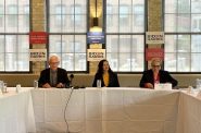 Michigan Gov. Gretchen Whitmer, center, joins Gov. Tony Evers, left, and Tanya Atkinson, president of Planned Parenthood Wisconsin, right, at a panel focused on abortion access in Madison, Wis., on June 17, 2024.  Anya van Wagtendonk/WPR